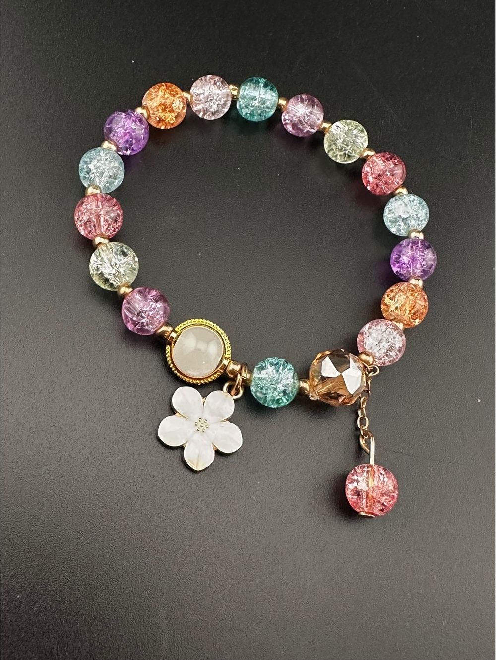 Multicolor Beaded Stretch Bracelet with Flower and Crystals